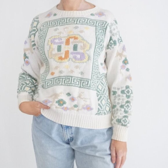 Vintage Madam Angelo White Knit w Pastel Floral Grandmacore Crewneck Sweater M - Picture 1 of 11